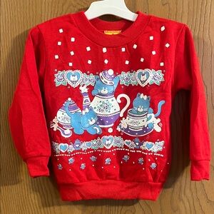 Vintage Kid Connection Red Cat Tea‎ Party Vibrant Crewneck Sweatshirt 3T